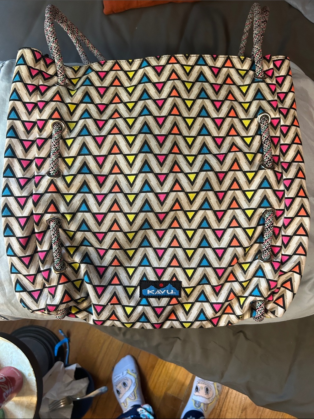 Kavu Chevron Rope-Handle Tote in Cream with Pink, Blue & Yellow Accents